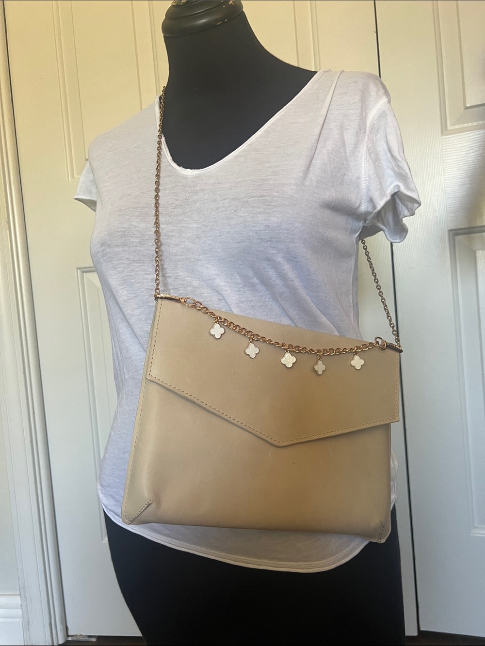 ABLE Tigist White Leather Envelope Clutch with Fashion chain and Charm
